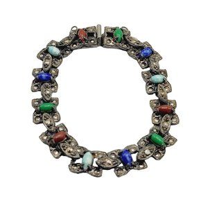 Antique Art Deco Semi Precious Stone & Marcasite Bracelet (A363)